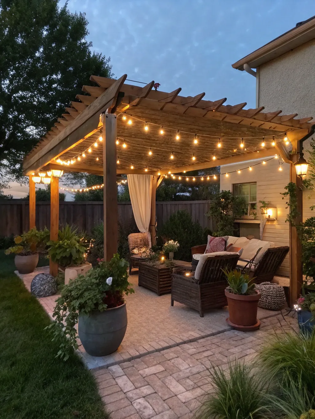 1 a cozy backyard pergola with warm white string