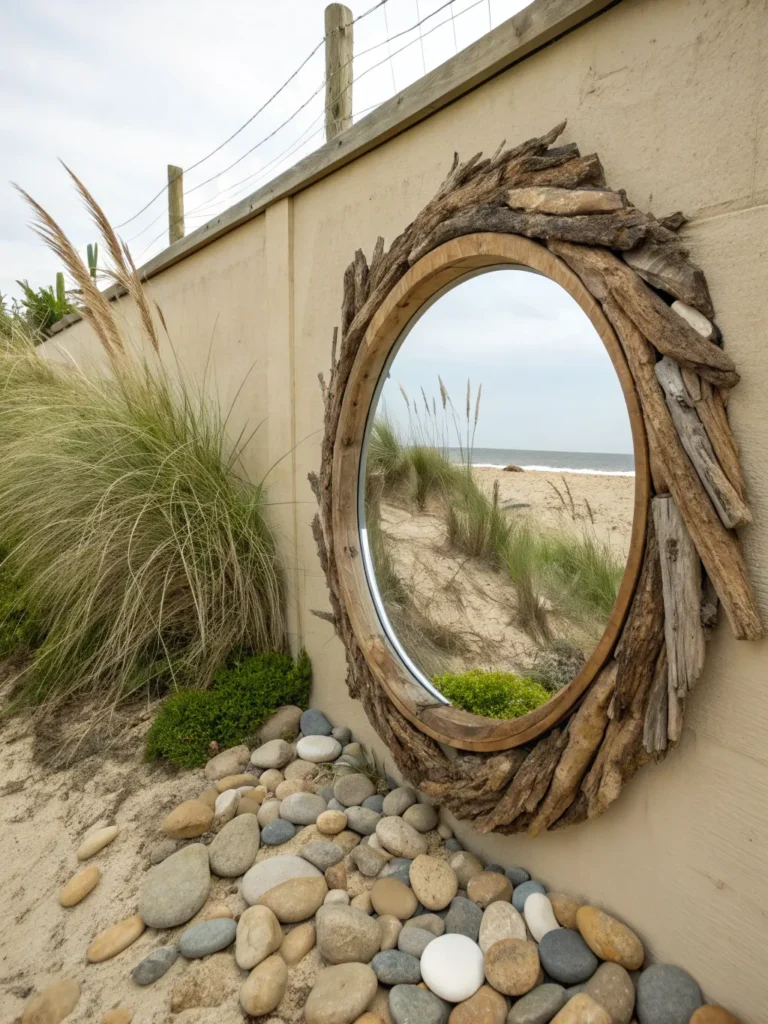 10 a circular mirror with natural driftwood piece