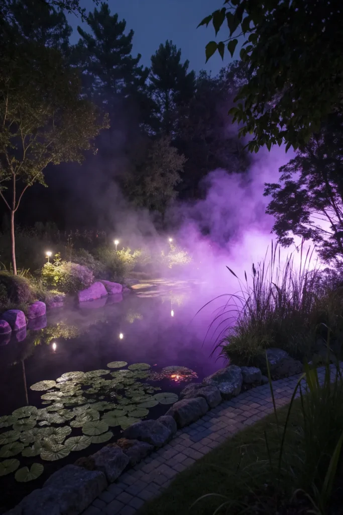 10 a mystical pond with lavender mist lights cre