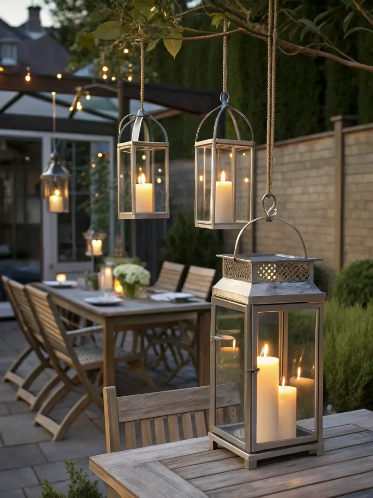 10 metal and glass lanterns hanging at various he