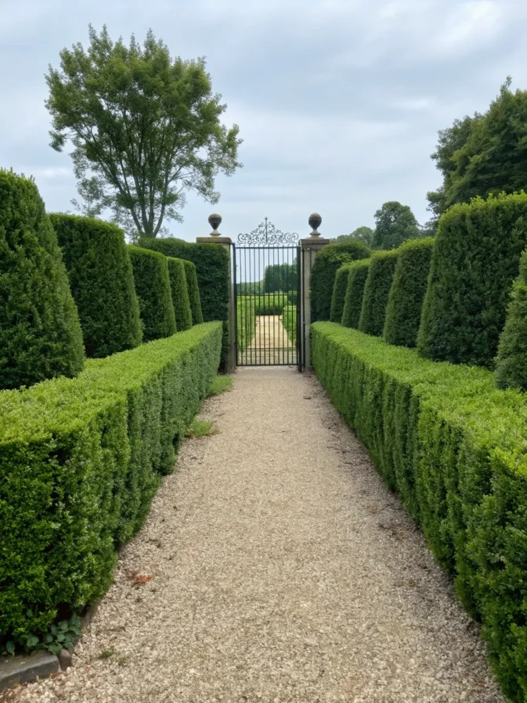 10 neatly clipped boxwood hedge path leading to a