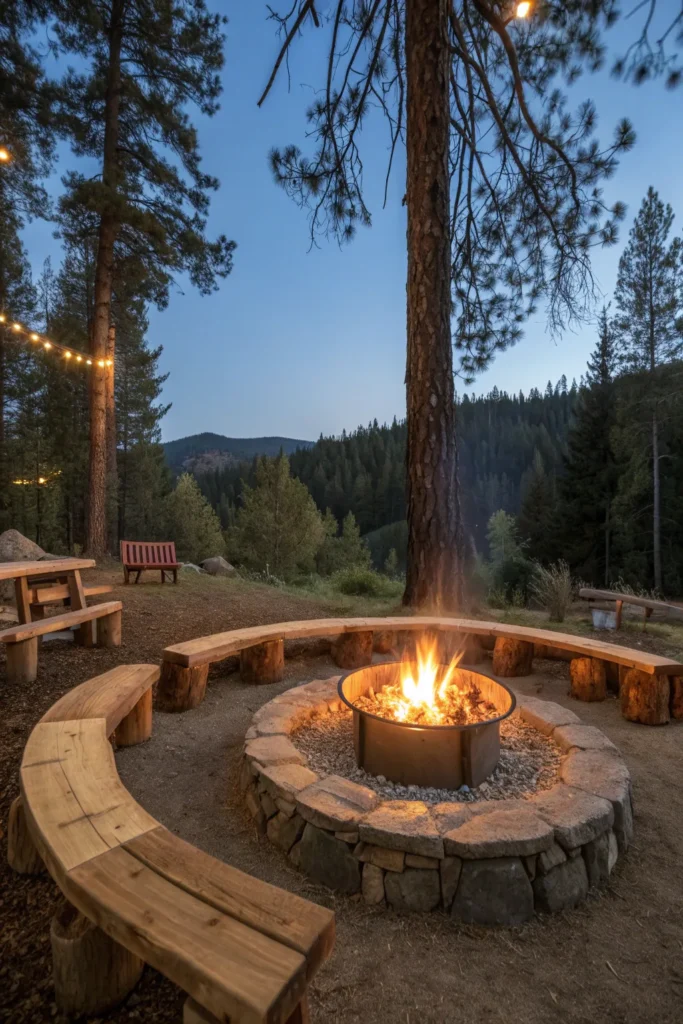 11 a horseshoe shaped fire pit surrounded by rust