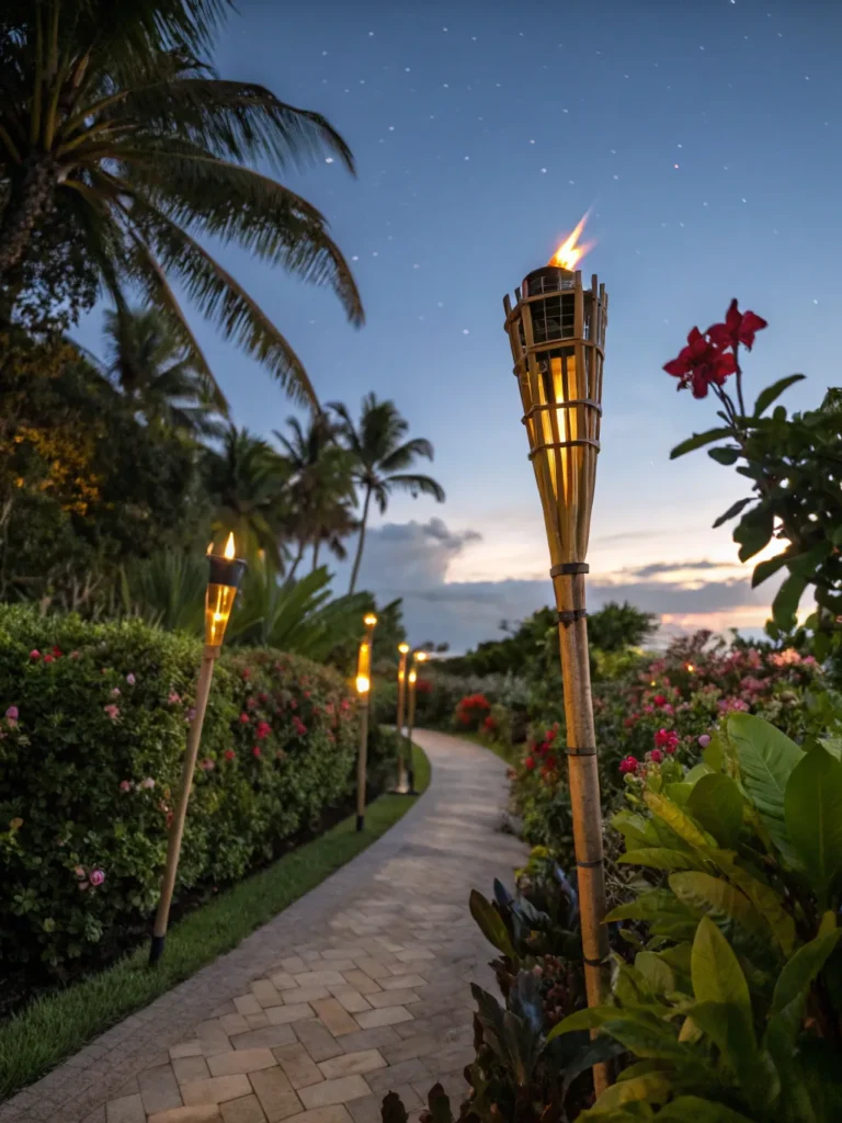 11 bamboo tiki torches glowing along a tropical g