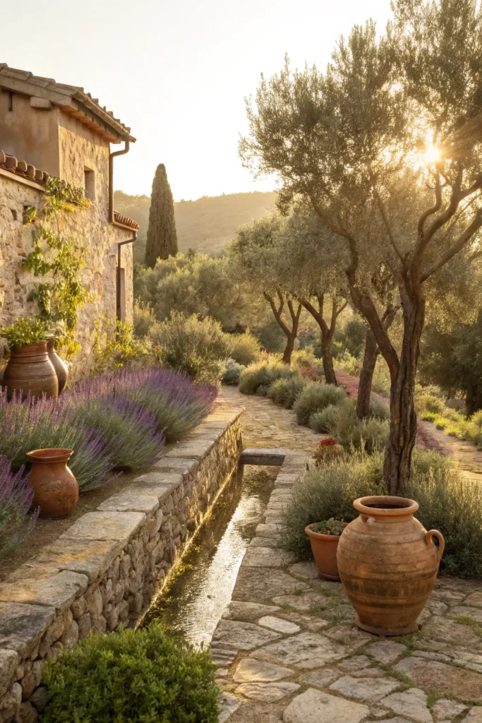 11 mediterranean garden with olive trees and a s