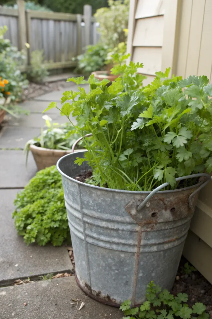 11 parsley in a recycled bucket a weathered me
