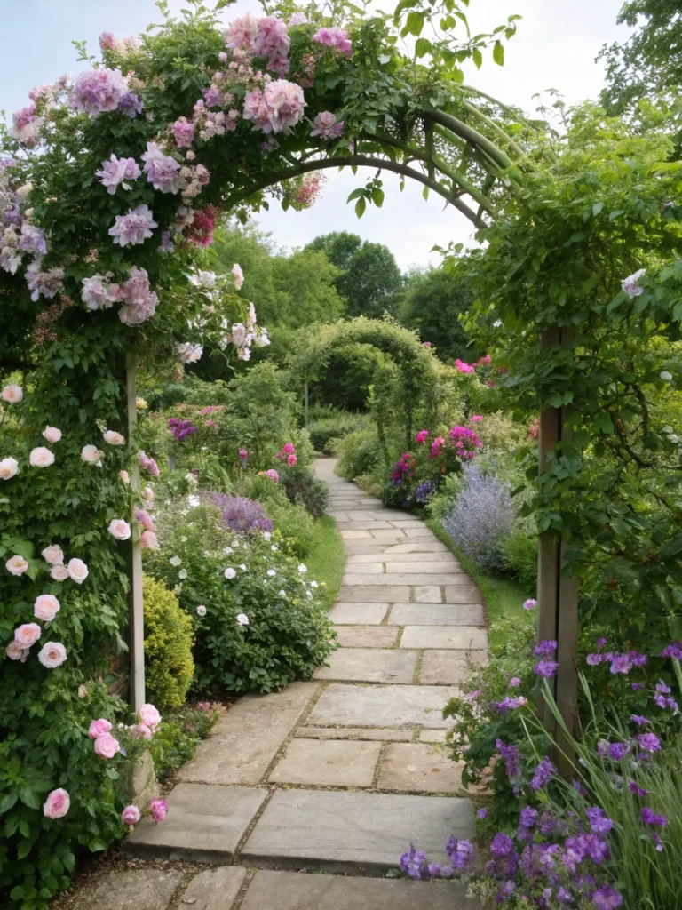 11 realistic view of a floral arch framing a ston