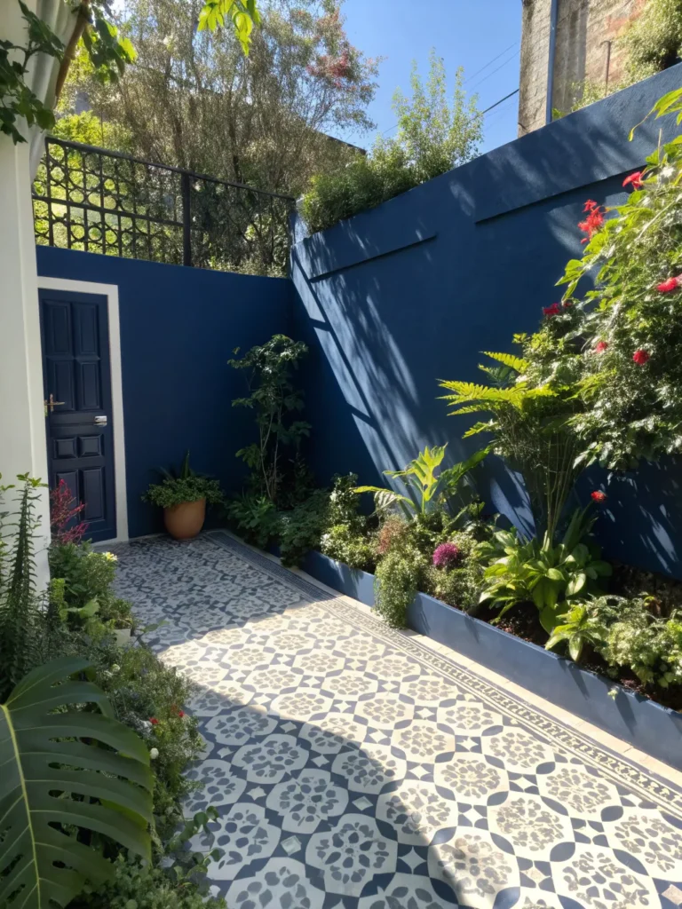 11 small courtyard garden with a bold navy painte