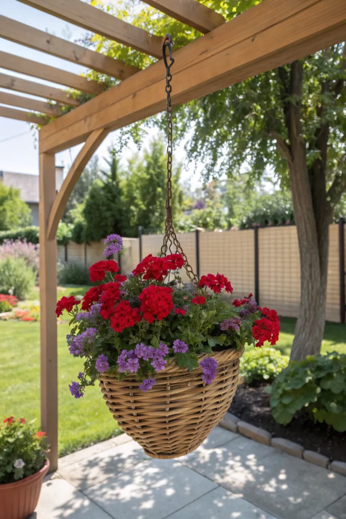 11 verbena a wicker hanging basket filled with c