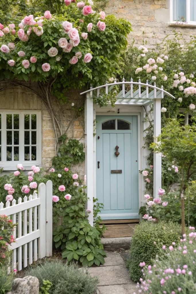 12 pastel cottage front garden with blue door fr