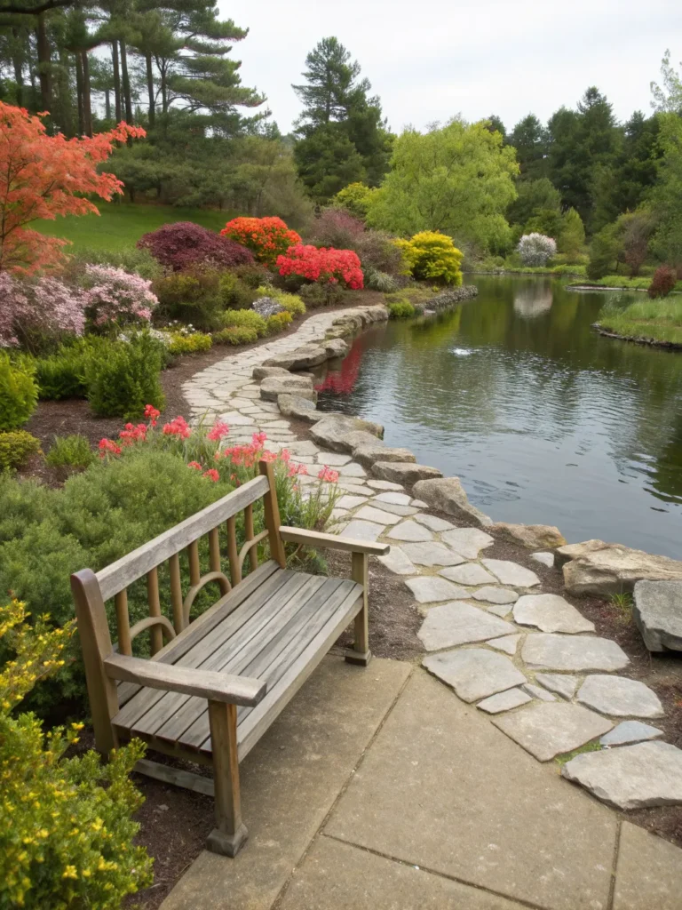 12 pond with seating area a pond next to a woo