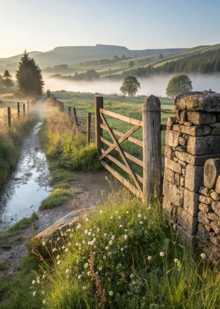12 stone and wood fence in morning mist show a r
