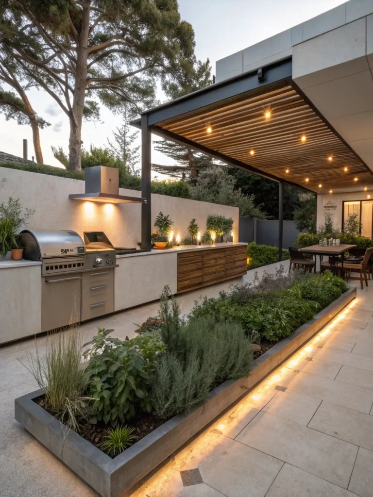 12realistic photo of a modern outdoor kitchen feat