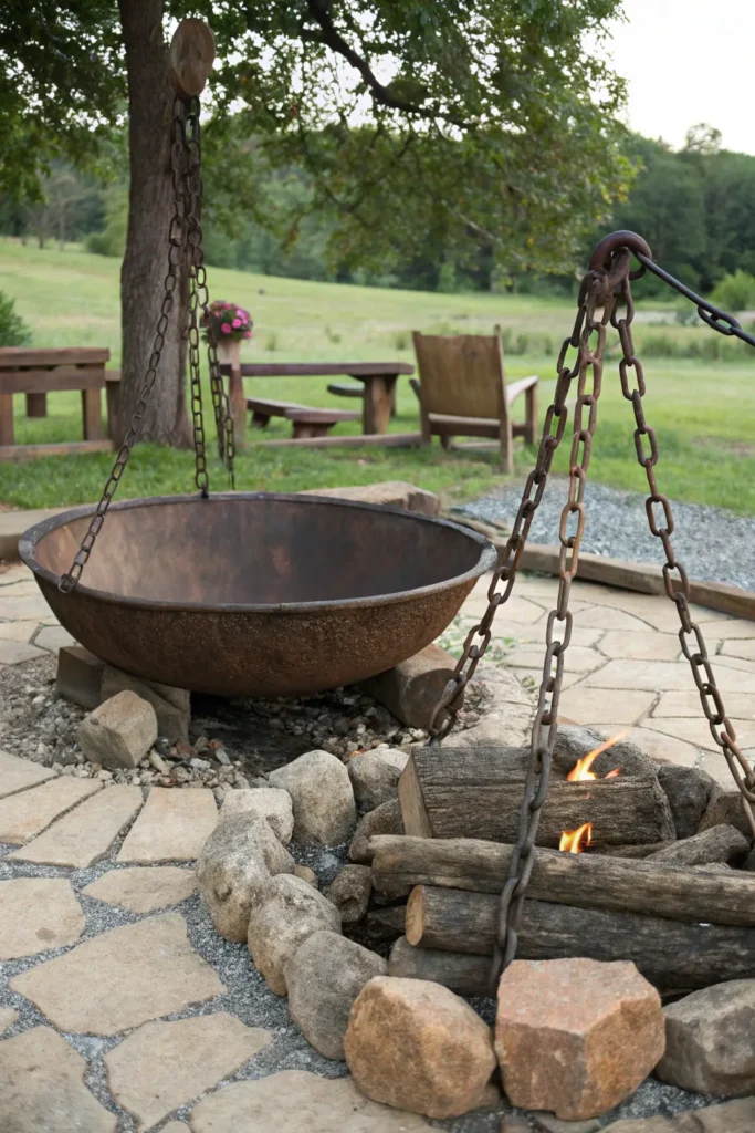 13 a large fire pit made of welded chains surrou