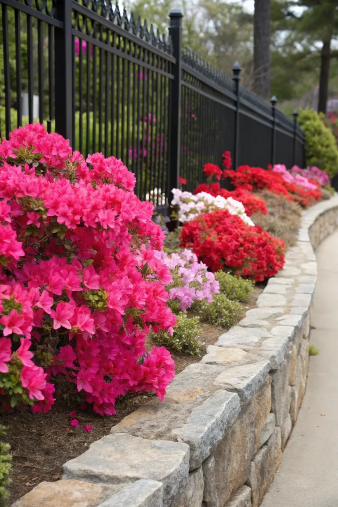 13 black fence garden with azaleas for color pop