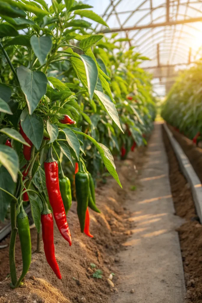 13 chili peppers rows of chili plants with green