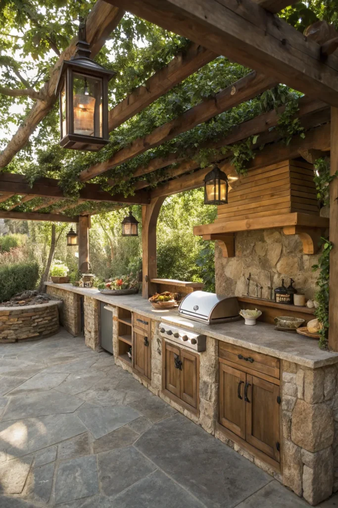 13 rustic outdoor kitchen with pergola or arched