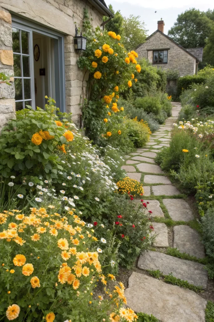 13 wild cottage garden with yellow roses sunny f