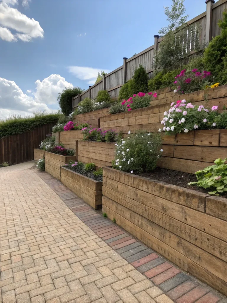 13stacked sleepers forming a retaining wall flowe