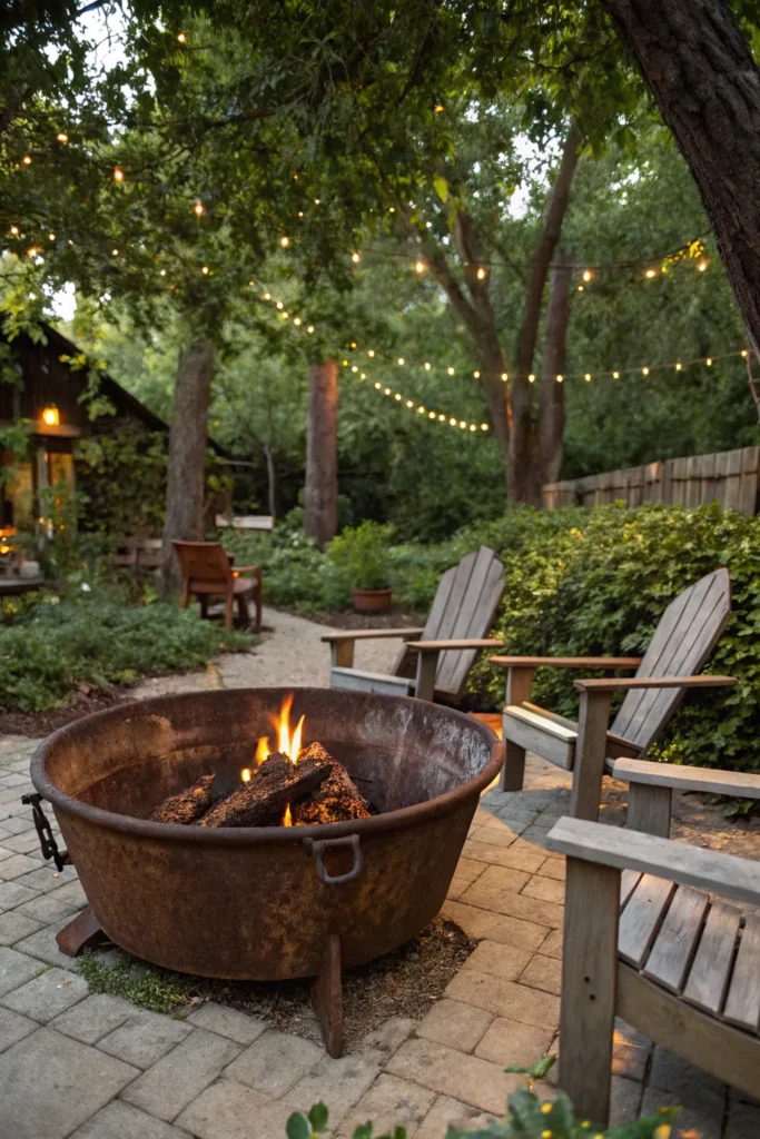 14 a rusty metal tub fire pit surrounded by rusti