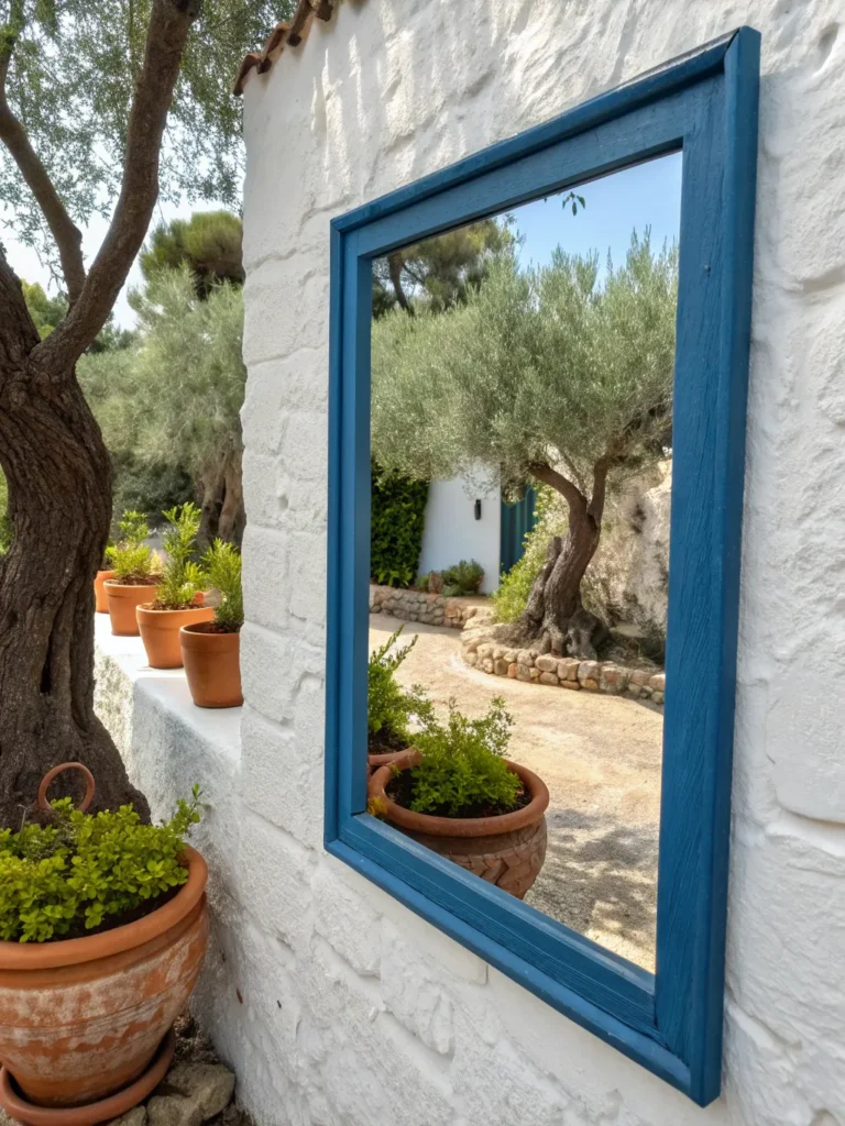 14 a vivid blue framed mirror on a white stucco w