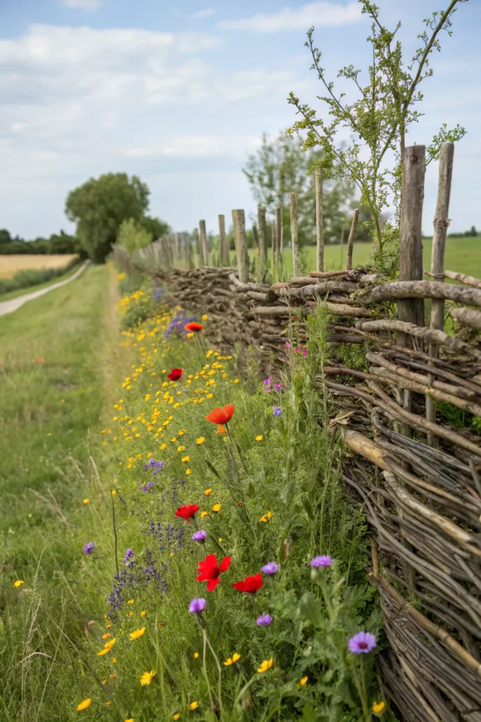 14 brushwood fence with wildflowers illustrate a
