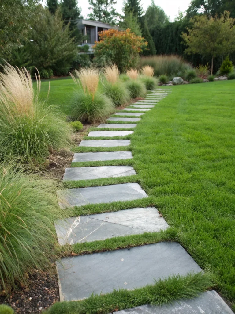 14 flat slate stepping stones embedded in lawn f