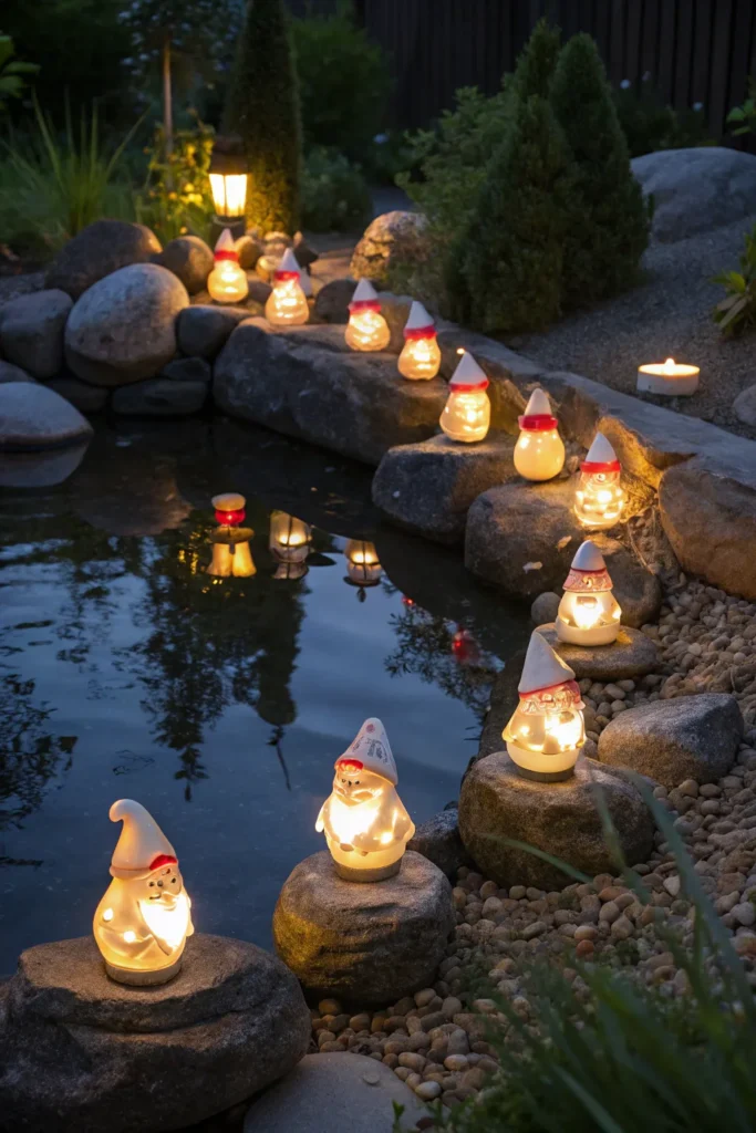 14 solar garden gnome lamps glowing warmly near