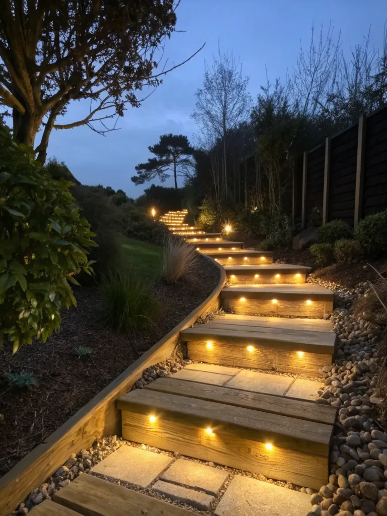 14garden path with sleepers fitted with led lighti