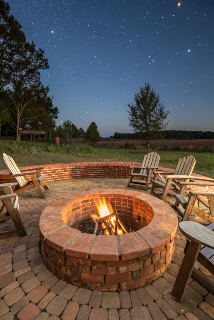 15 a brick circle pit surrounded by rustic outdoo