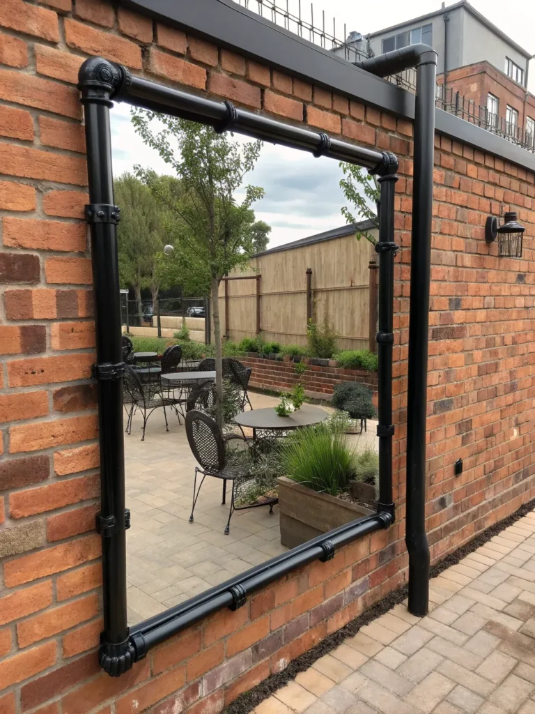 15 a rectangular mirror framed with black industr