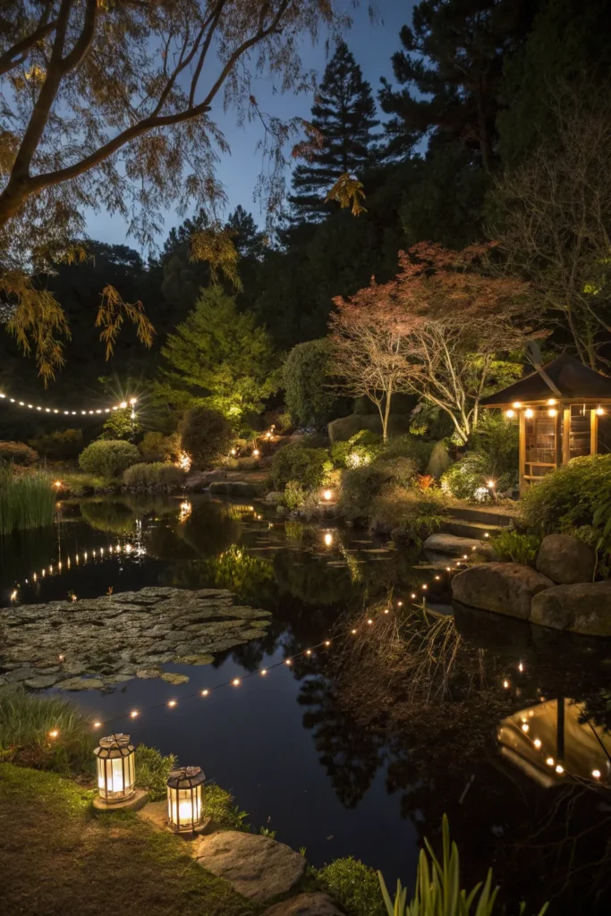 15 a still pond at night reflecting fairy lights