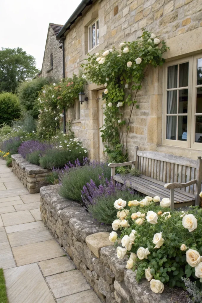 15 serene stone cottage garden with cream roses