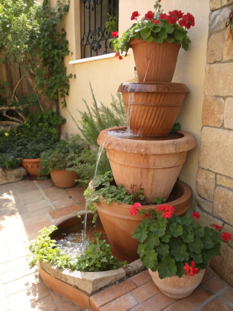 15 stacked terracotta pots with water cascading fr