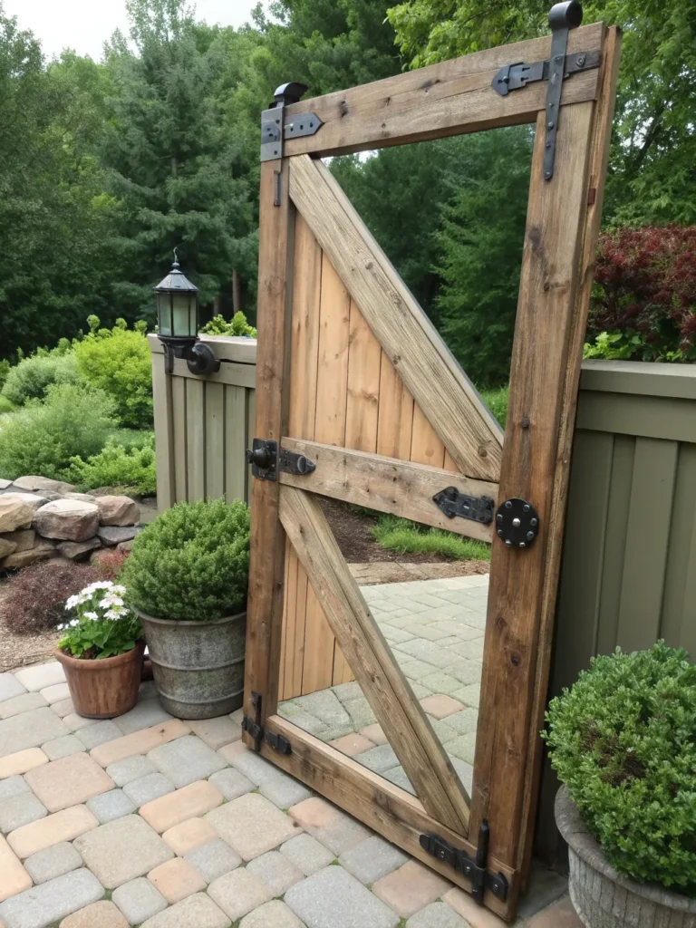 16 a large rustic mirror designed like a barn gat