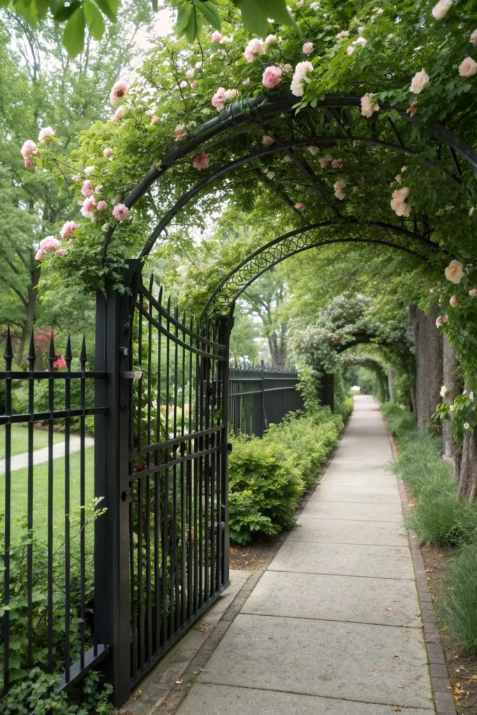 16 black fence pathway with arbors and gates a b