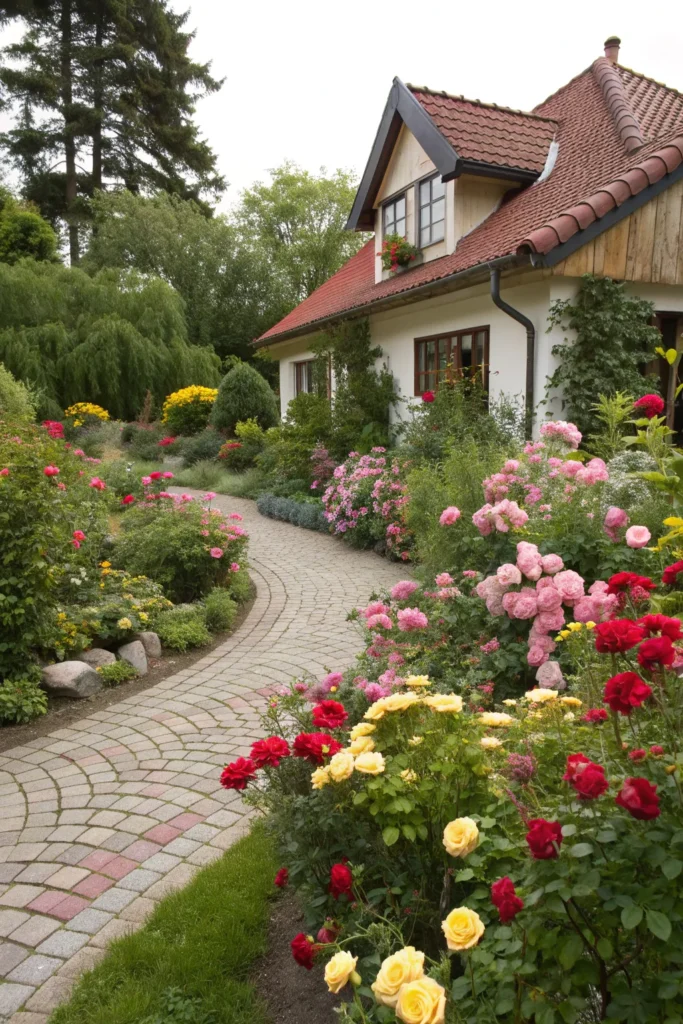 16 colorful front garden with bright roses overf