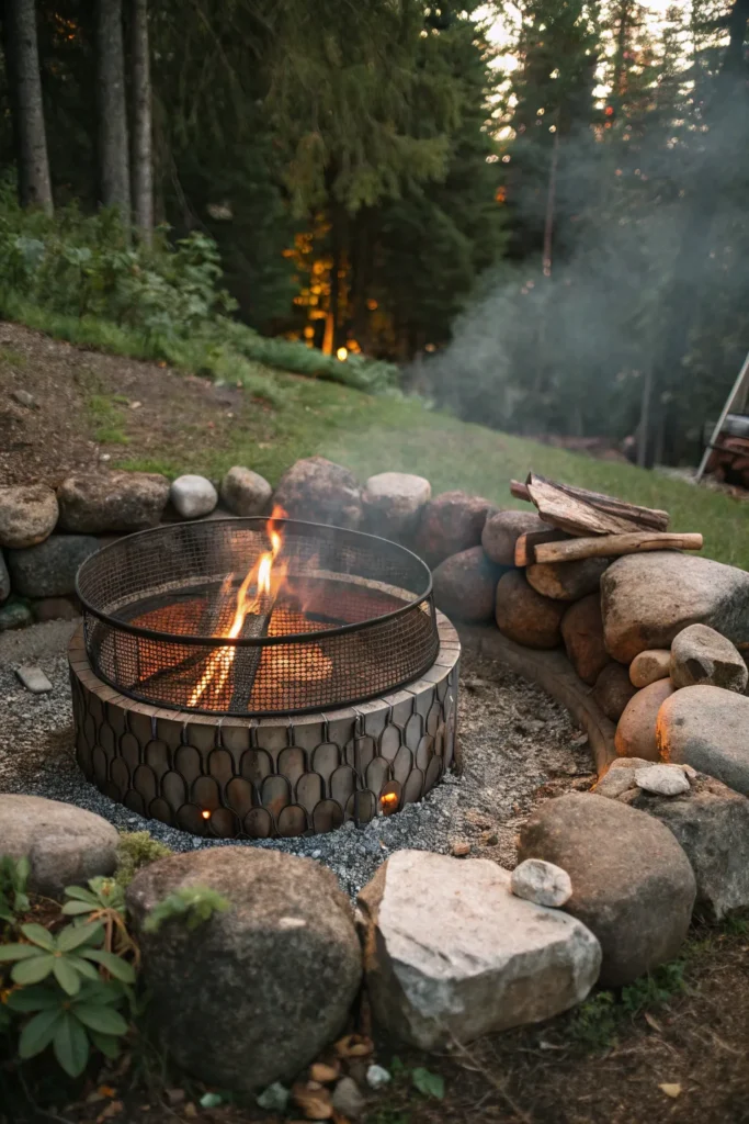 17 a circular metal grid pit surrounded by rustic