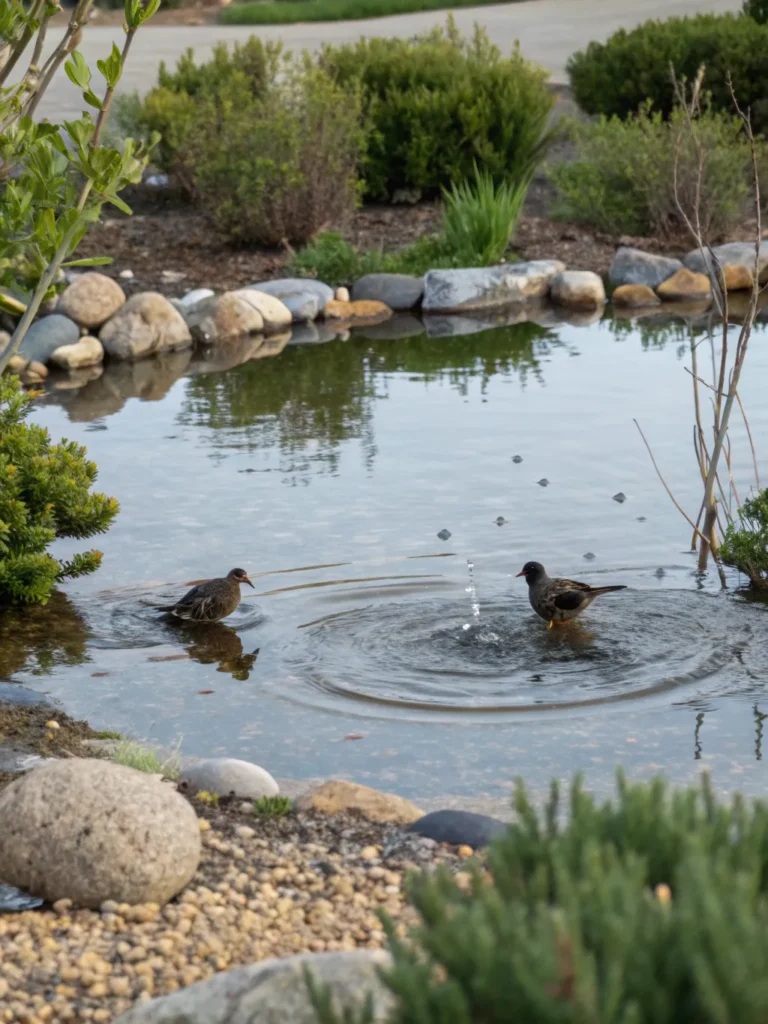 17 birdbath pond a shallow pond with birds bat