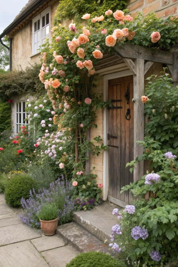 17 cottage front garden with peach roses treilla