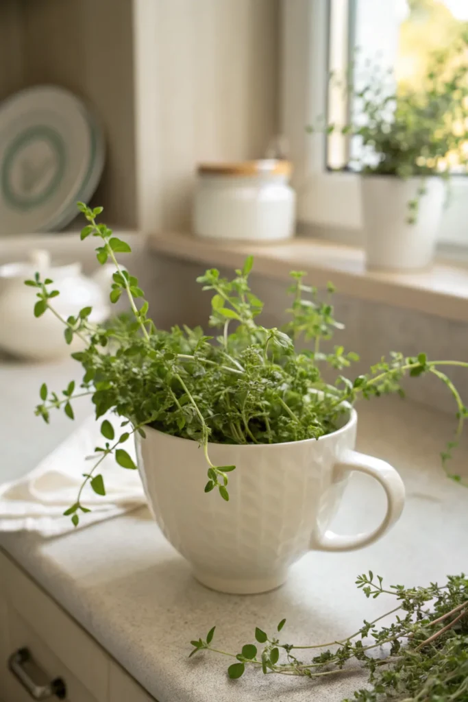 17 marjoram in a porcelain cup a white porcela