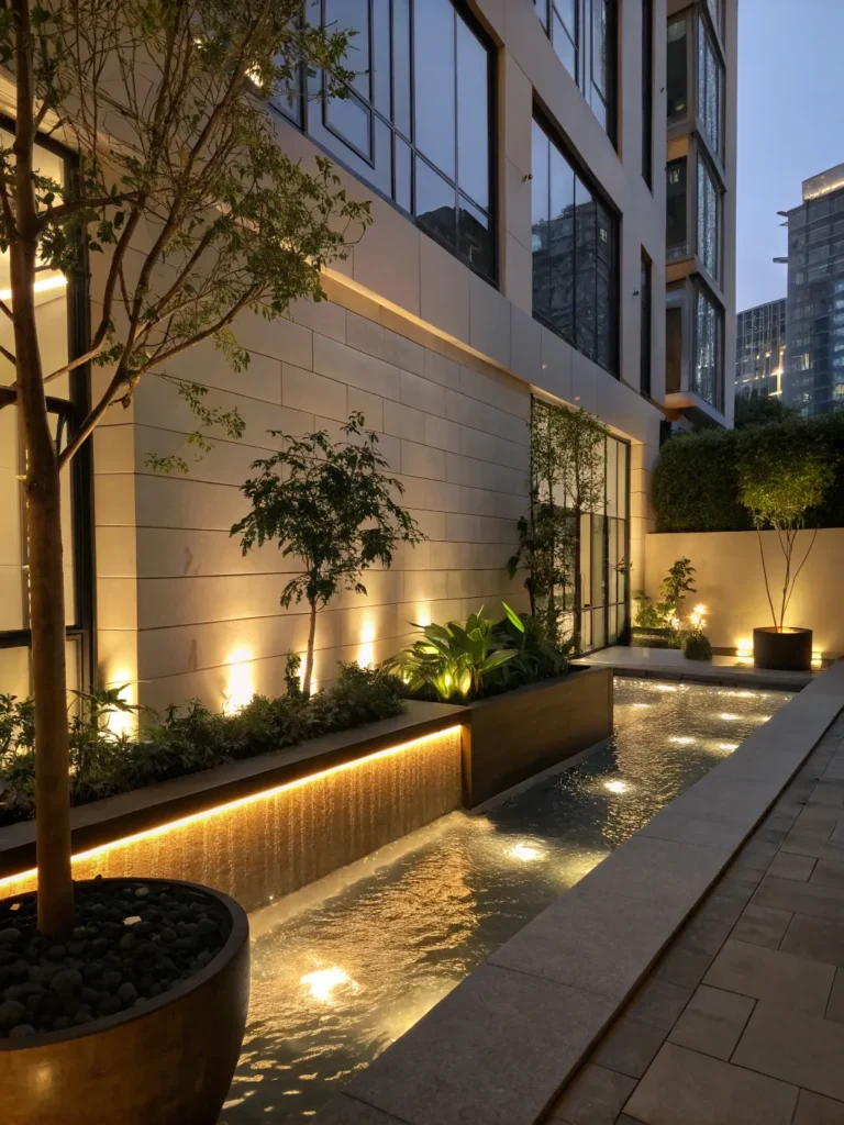 17 modern courtyard at night with a shallow water