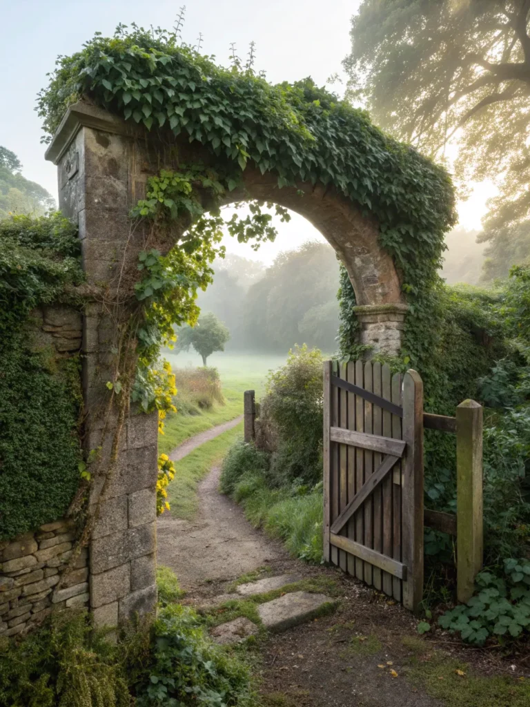 17 realistic image of an old stone garden arch co