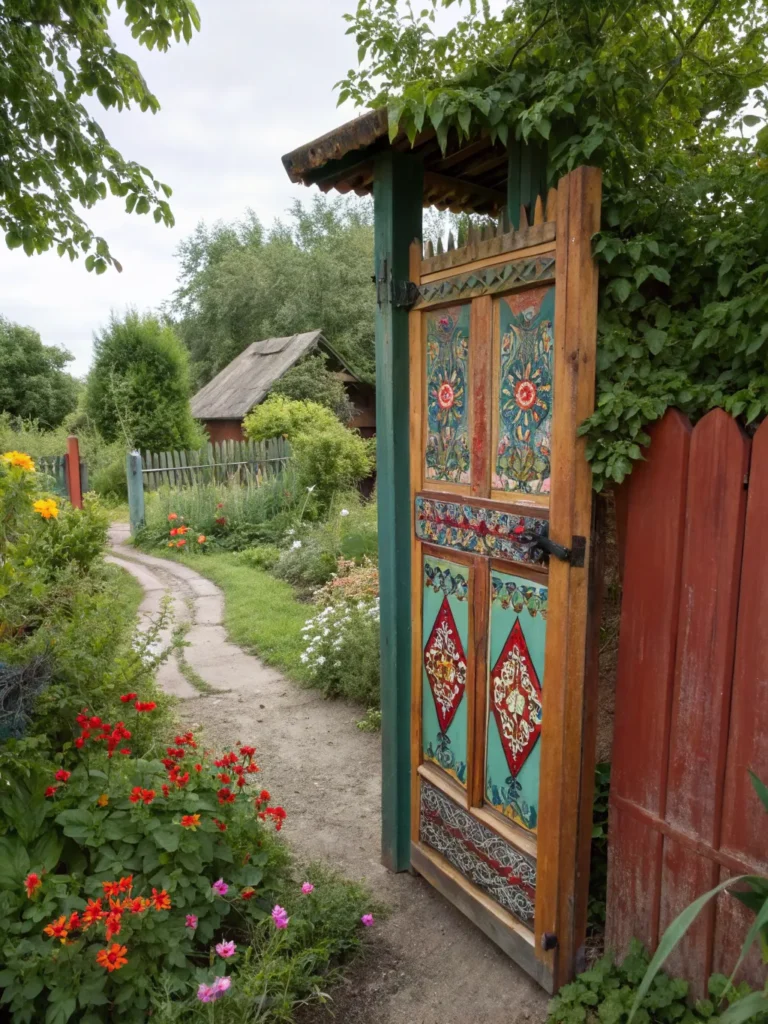17 tall rustic gate in bold color cottage garden