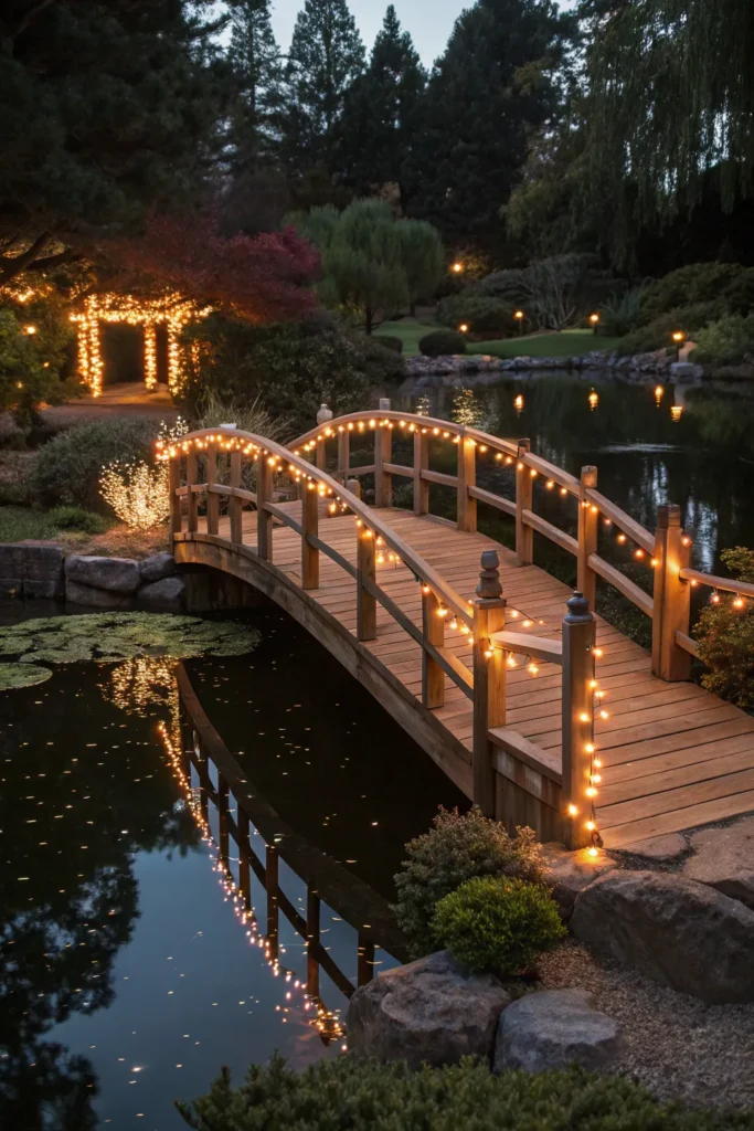 18 a wooden pond bridge wrapped in delicate stri