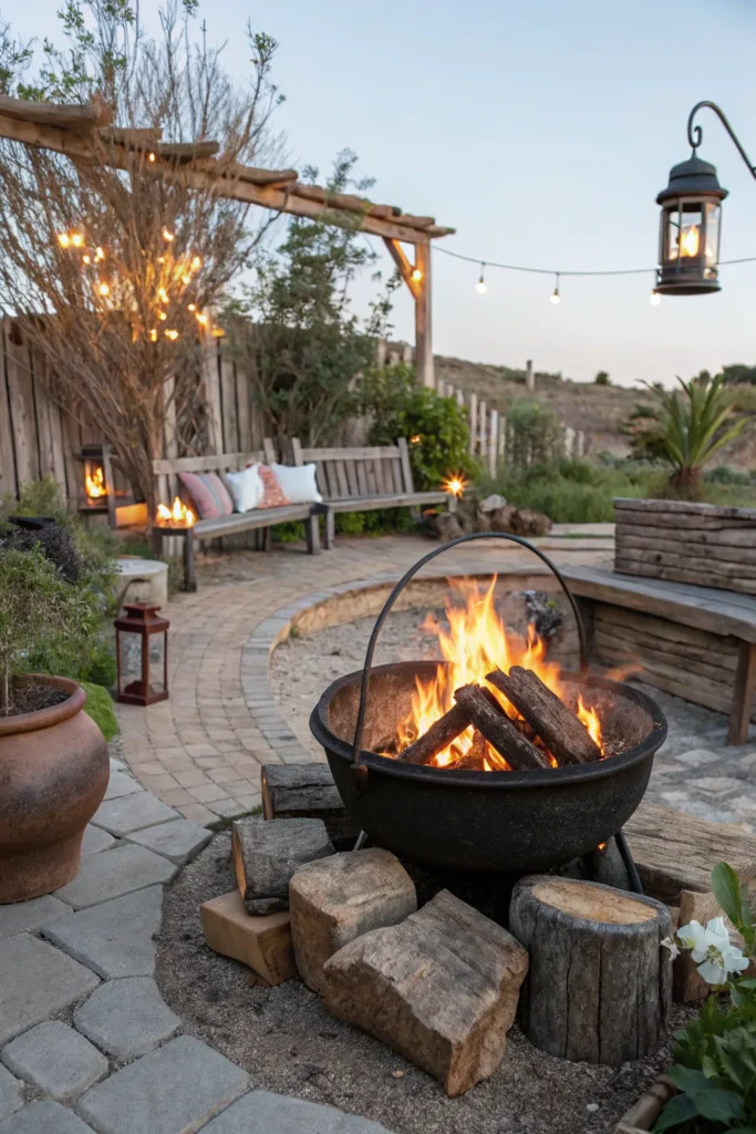 18 an iron cast cauldron fire pit surrounded by r