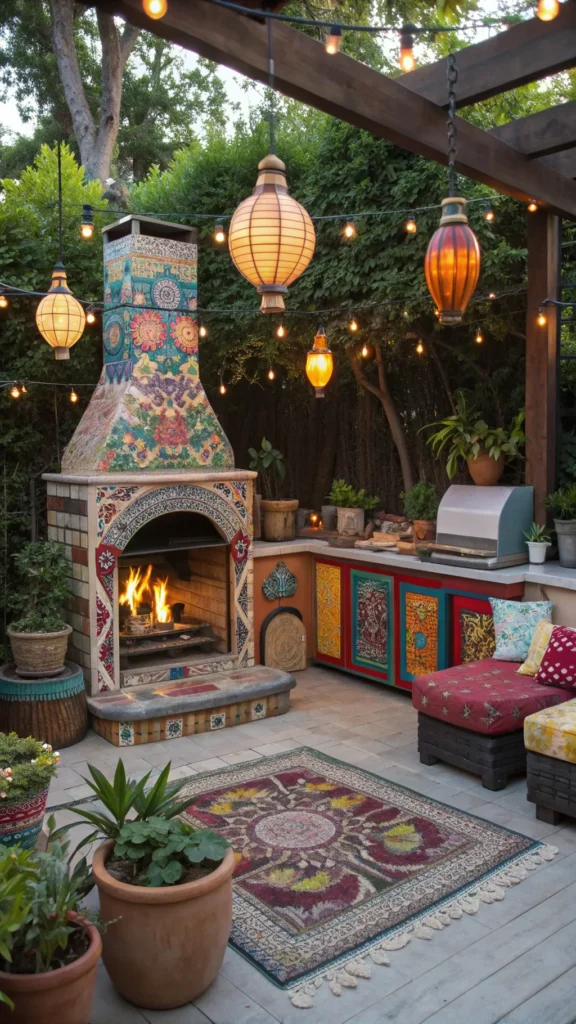 18 bohemian outdoor kitchen with mosaic fireplac