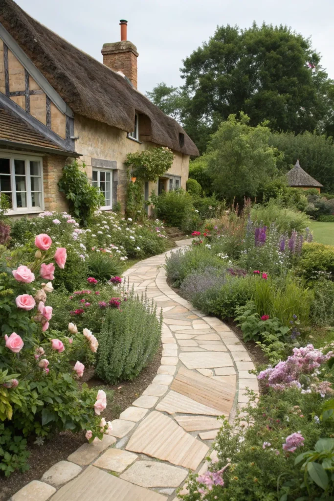 18 cottage front garden with stone pathways curv