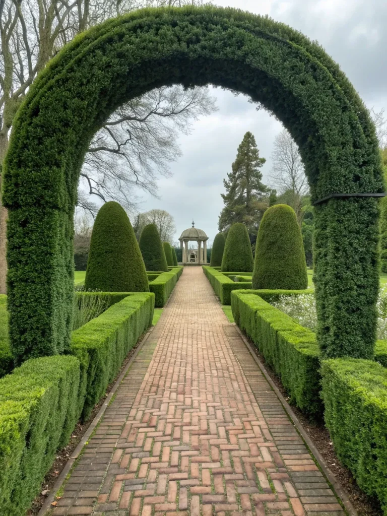 18 perfectly sculpted green topiary arch over a b