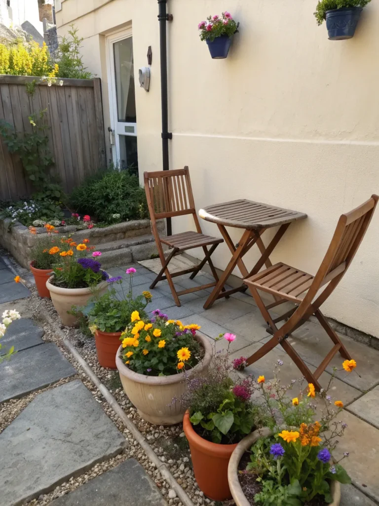 18 small courtyard garden with a set of wooden fo