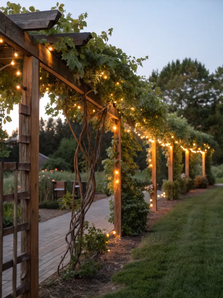 18 wooden trellises covered in vines and strung w
